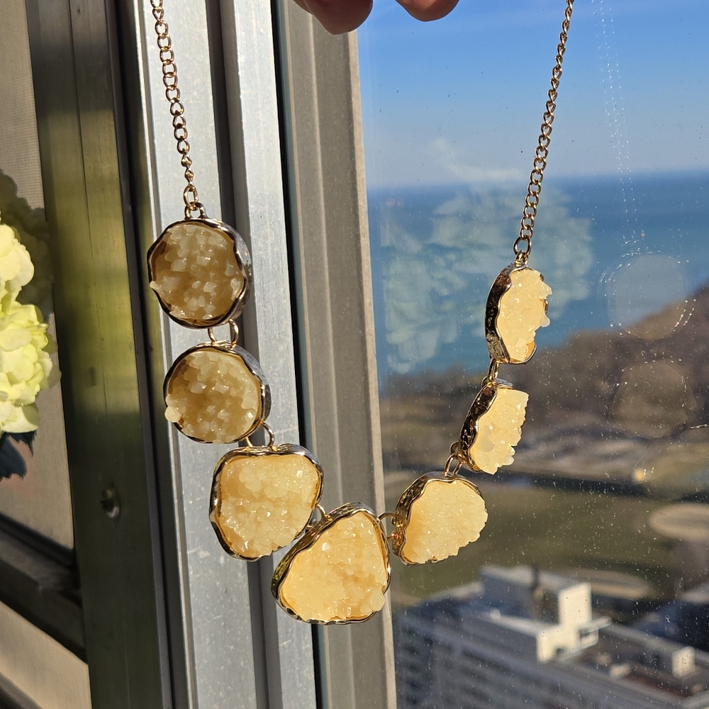 Golden Druzy Statement Necklace Gold Tone Bib Necklace Crystal Costume Jewelry